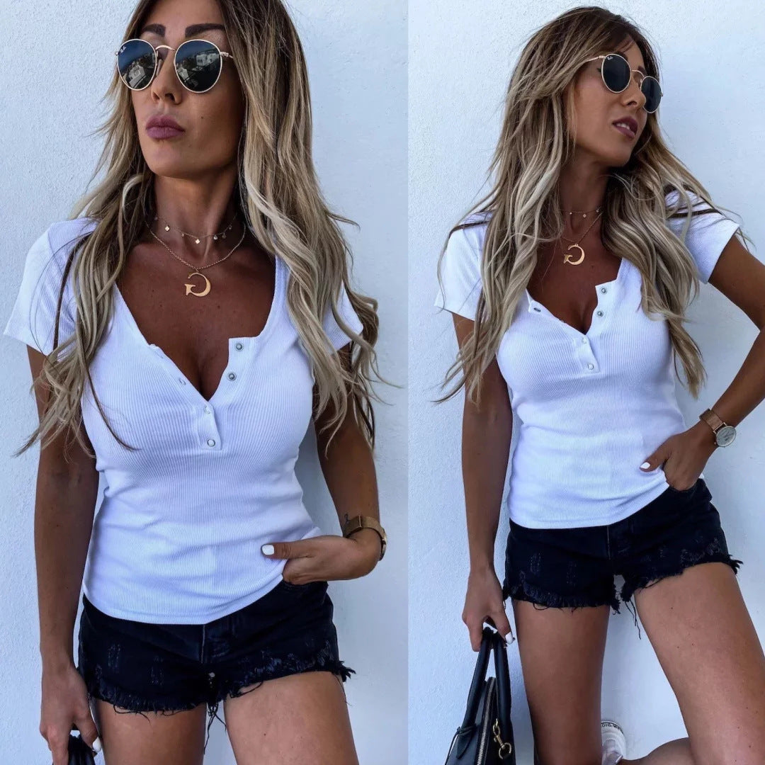 Damen modisches Kurzarm-Henley-Oberteil mit Knopfleiste und feiner Rippstruktur EB