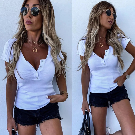 Damen modisches Kurzarm-Henley-Oberteil mit Knopfleiste und feiner Rippstruktur EB