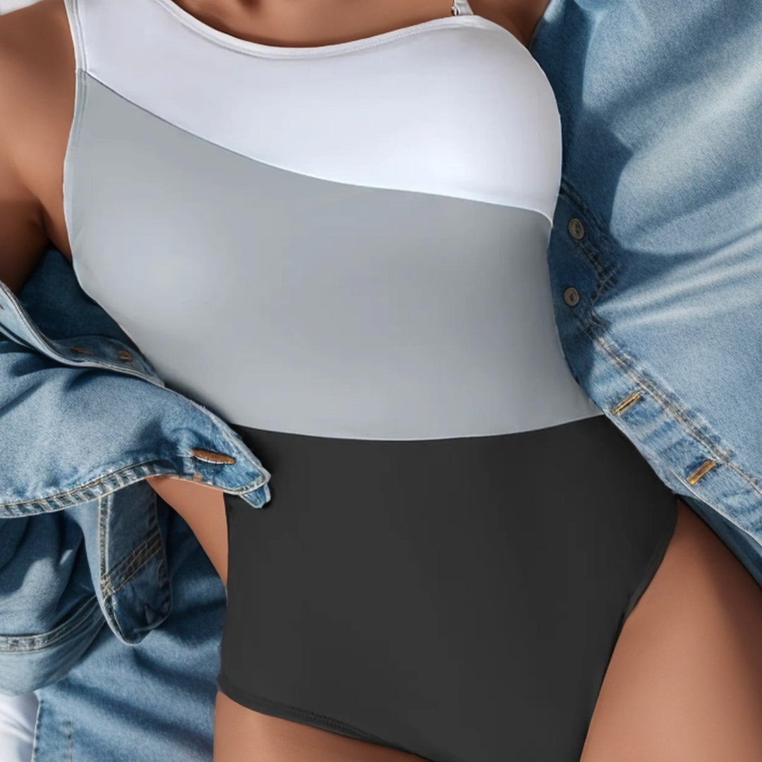 Damen Einteiliger Badeanzug mit stilvollem Farbblockdesign und hohem Beinausschnitt EB