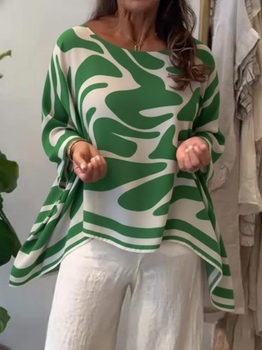 Damen Oversize Sommerbluse mit abstraktem Print, Fledermausärmeln und asymmetrischem Saum EB