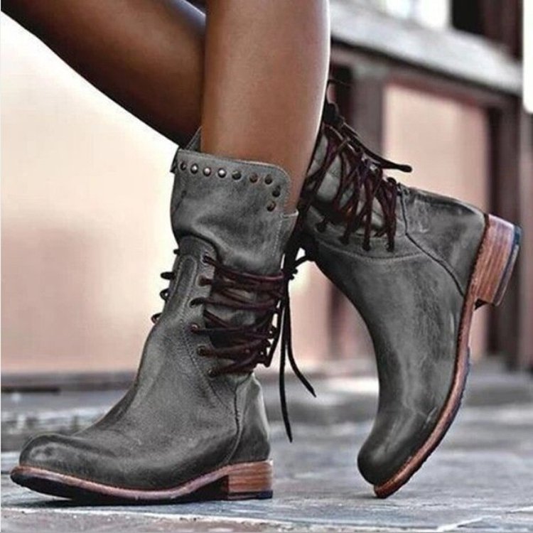 Damen Lederstiefel mit Schnürung und Nieten EB