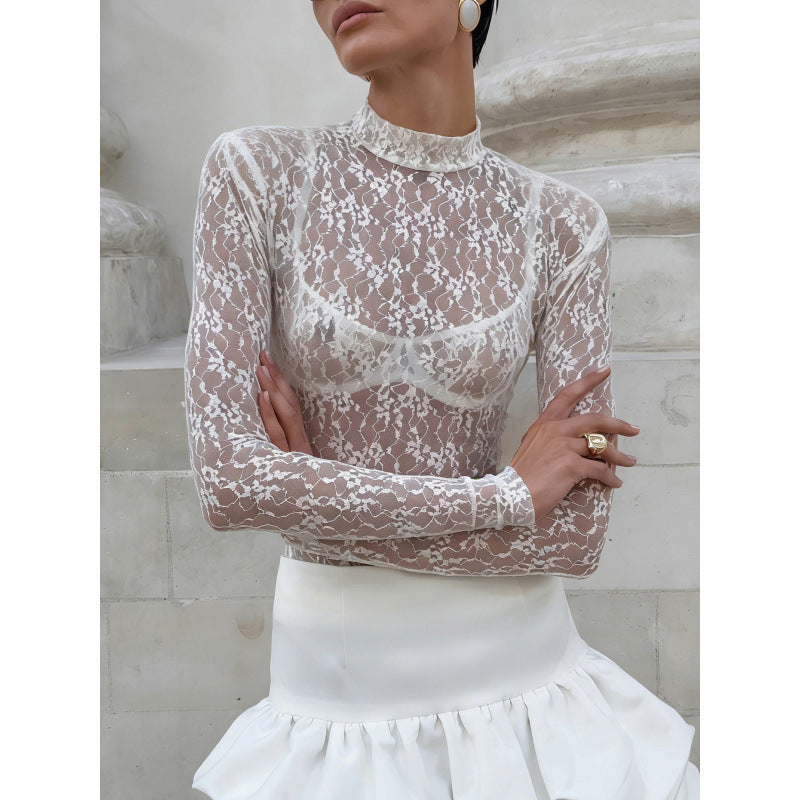 Damen Spitzenbluse mit hohem Kragen und langen Ärmeln EB