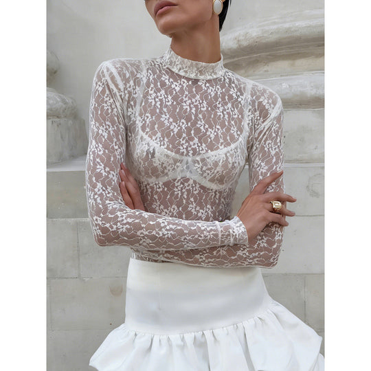 Damen Spitzenbluse mit hohem Kragen und langen Ärmeln EB