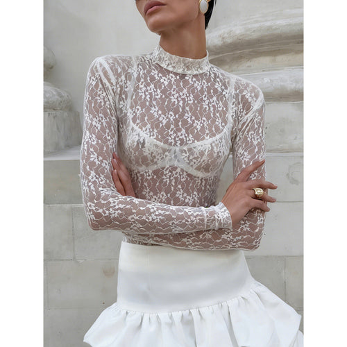 Damen Spitzenbluse mit hohem Kragen und langen Ärmeln EB