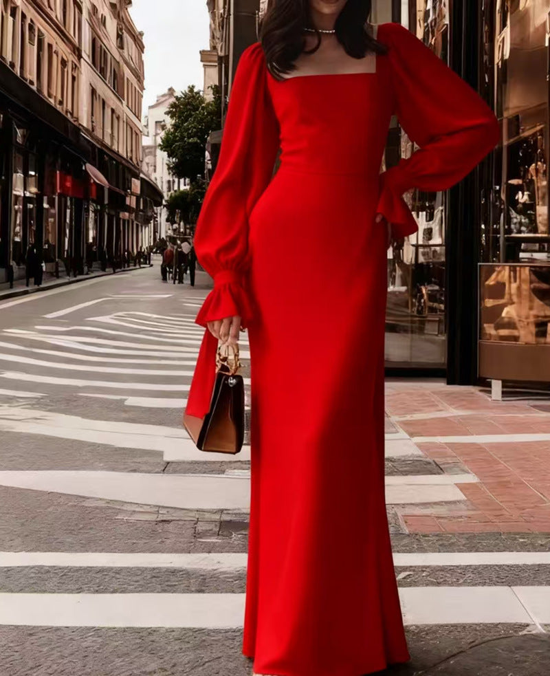 Damen elegantes Maxikleid mit Puffärmeln und quadratischem Ausschnitt EB