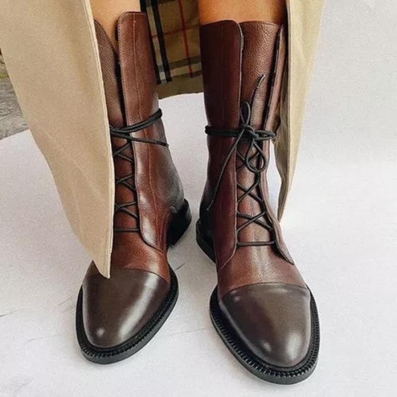 Damen  knöchelhohe Schnürstiefel mit spitzer Kappenausführung und genarbter Lederoptik EB