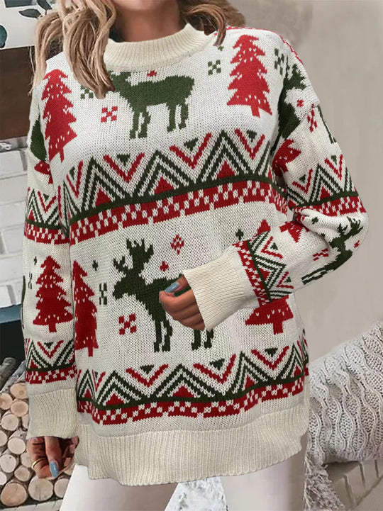 Damen Gemütlicher Weihnachts-Pullover mit festlichem Motiv und hoher Passform EB