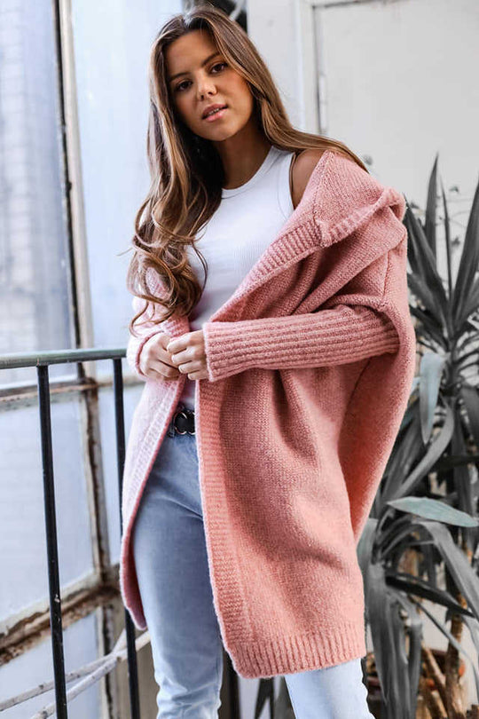 Damen kuschelige Strickjacke mit Kapuze und offenem Schnitt EB