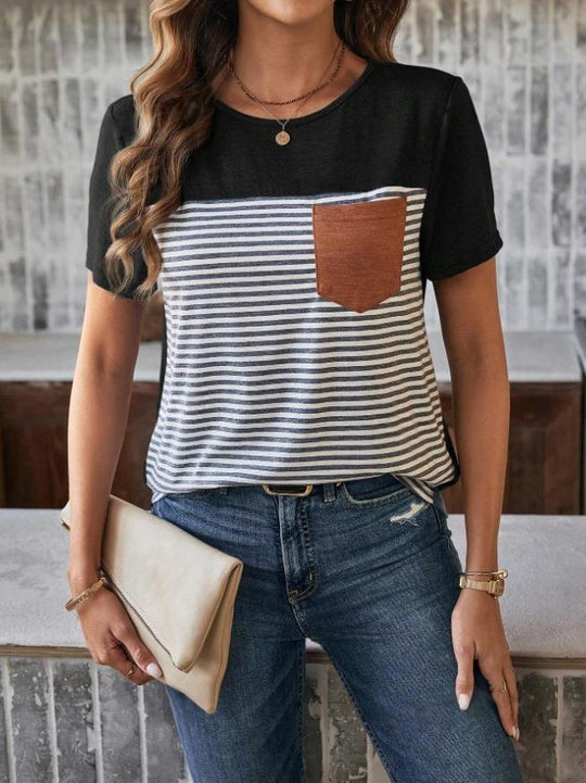 Damen Trendiges T-Shirt mit gestreiftem Design und Leder-Tasche EB