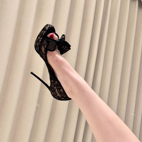 Damen Spitzen High Heel Pumps mit Schleifenakzent EB