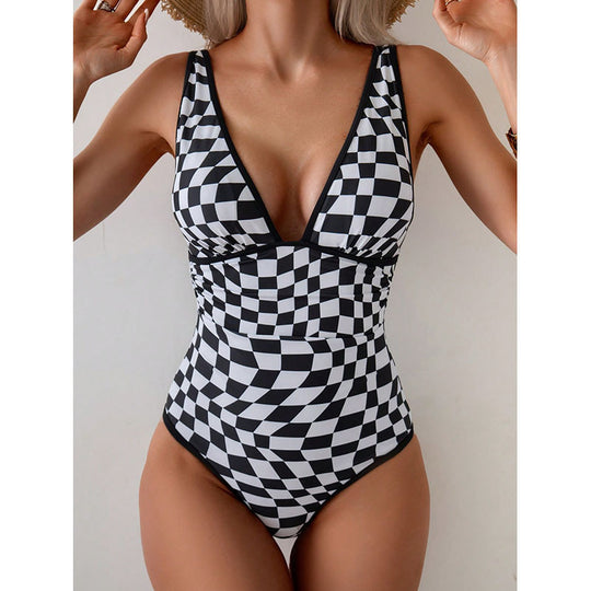 Damen Einteiler Badeanzug mit modernem Karomuster EB