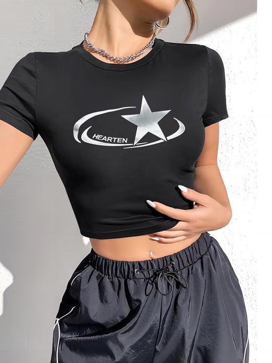 Damen Crop-T-Shirt mit glänzendem Sternmotiv und figurbetontem Schnitt EB