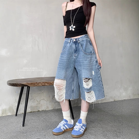 Damen Trendige Denim-Culottes im Destroyed-Look mit hohem Bund EB