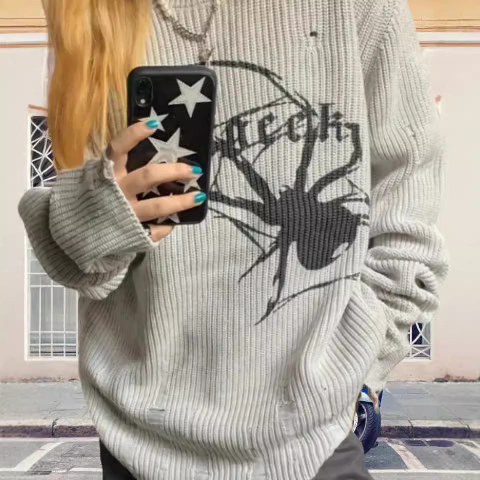 Damen Oversized Strickpullover mit auffälligem Spinnenmuster EB