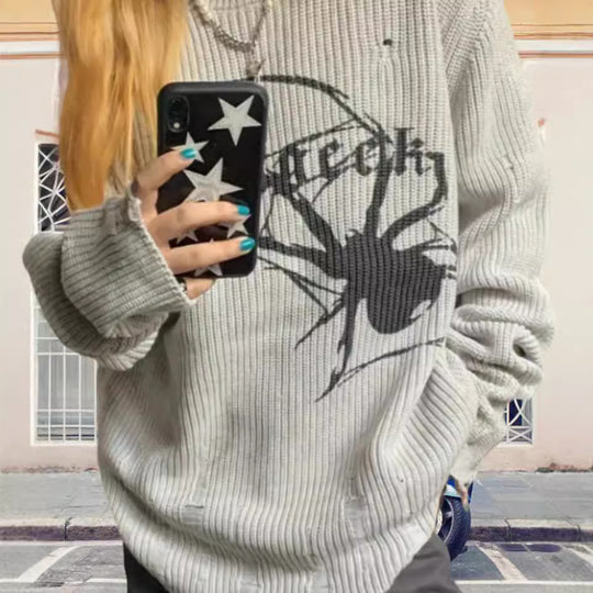 Damen Oversized Strickpullover mit auffälligem Spinnenmuster EB