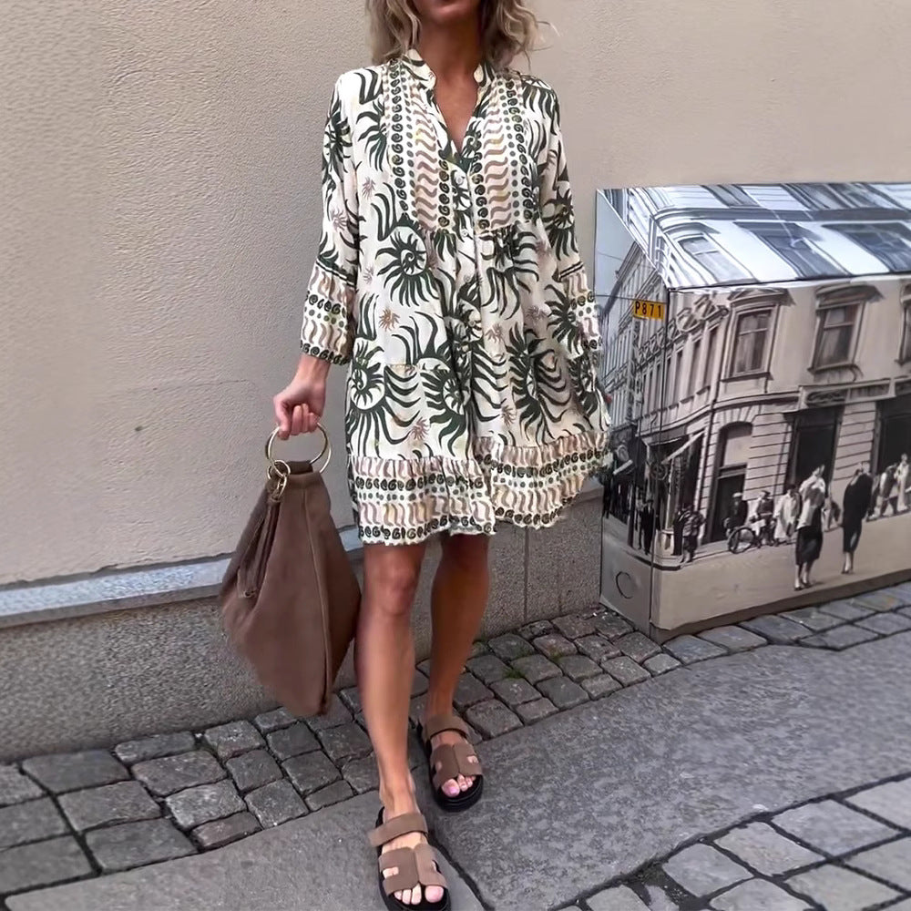 Damen nan locker geschnittenes Boho-Tunikakleid mit V-Ausschnitt geraffter Empire-Naht und Volant-Saum EB