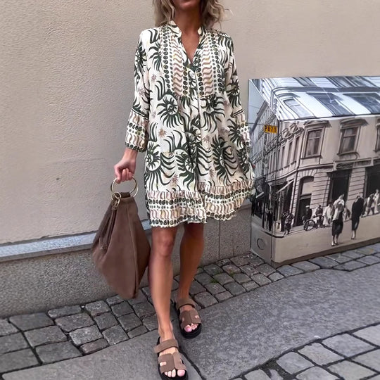 Damen nan locker geschnittenes Boho-Tunikakleid mit V-Ausschnitt geraffter Empire-Naht und Volant-Saum EB