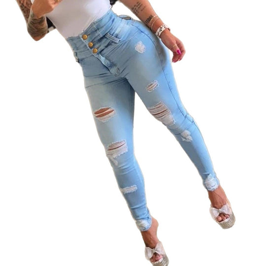 Damen Hochtaillierte Ripped Skinny Jeans mit Knopfdetail EB