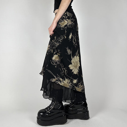 Damen Eleganter Maxirock mit floralem Muster und transparentem Untergrund EB