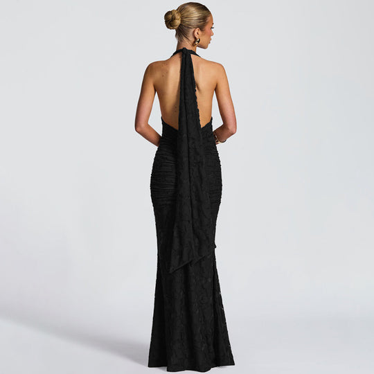 Damen Elegantes Maxikleid mit tiefem V-Ausschnitt und strukturierter Raffung EB
