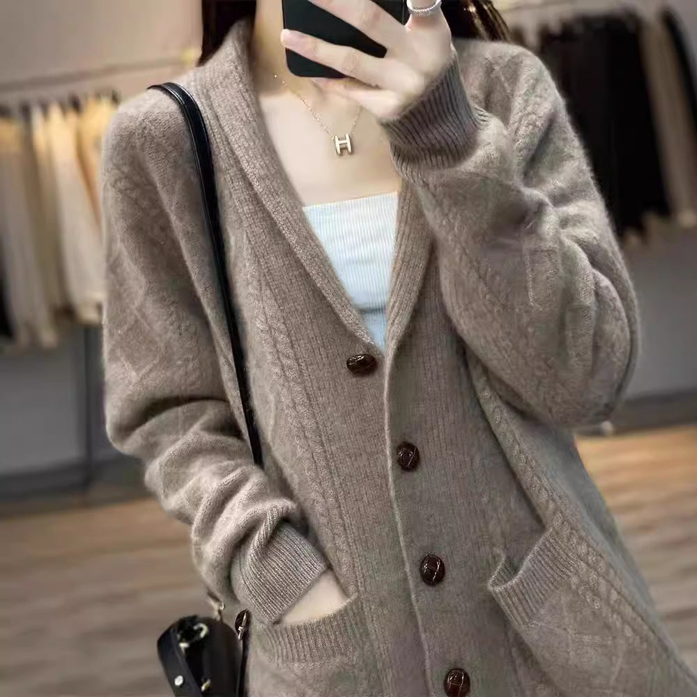 Damen Strickcardigan mit eleganter Struktur und großen Holzknöpfen EB
