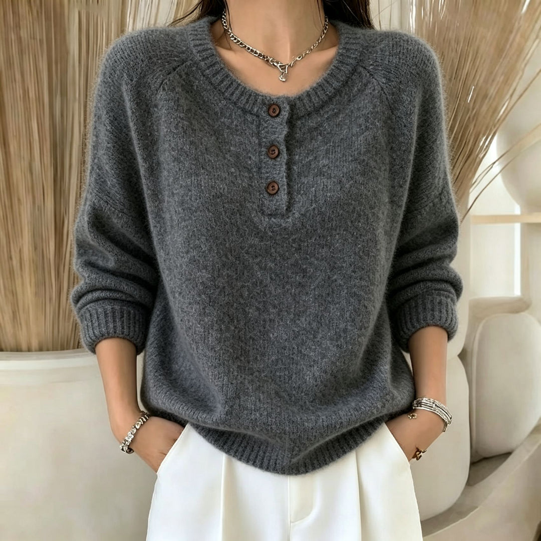 Damen Kuscheliger Rundhals-Henley-Pullover mit Knopfleiste und Raglanärmeln EB