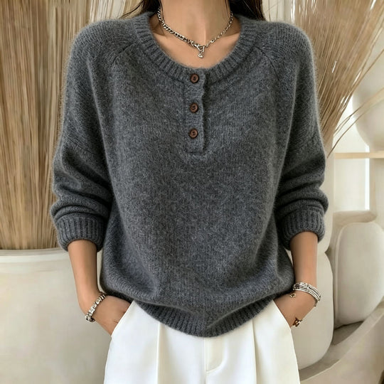 Damen Kuscheliger Rundhals-Henley-Pullover mit Knopfleiste und Raglanärmeln EB