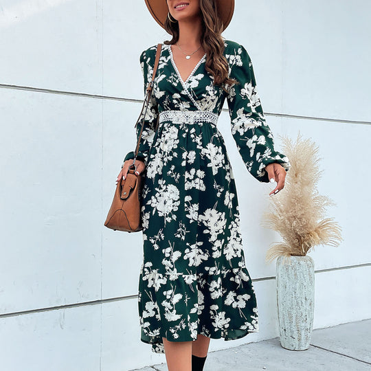 Damen elegantes Maxikleid mit floralem Design und schwingendem Saum EB
