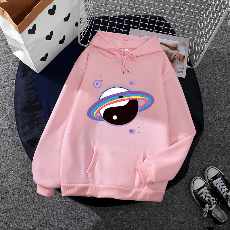 Damen nan Oversized Kapuzenpullover aus Baumwollmischung mit Planeten-Yin‑Yang-Grafik und Kängurutasche EB