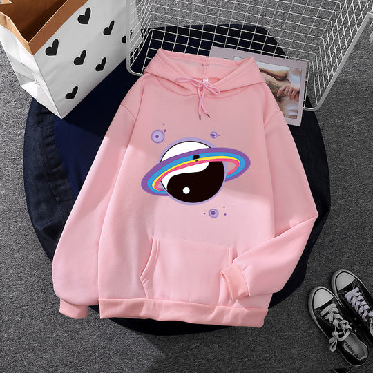 Damen nan Oversized Kapuzenpullover aus Baumwollmischung mit Planeten-Yin‑Yang-Grafik und Kängurutasche EB