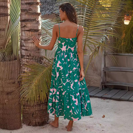 Damen Maxikleid mit voluminösem Rock und kreativem Blattdruck EB