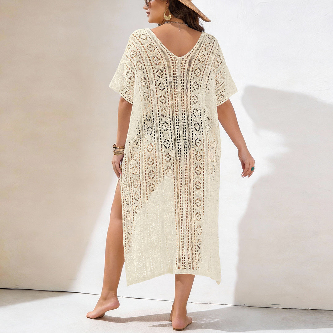 Damen Häkelstrandkleid mit V-Ausschnitt und seitlichem Schlitz EB