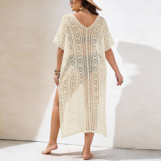 Damen Häkelstrandkleid mit V-Ausschnitt und seitlichem Schlitz EB