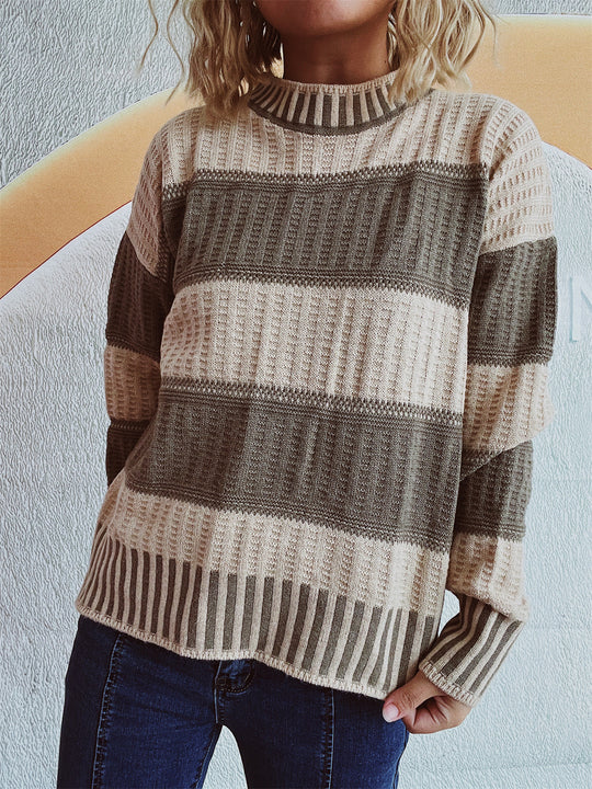 Damen lässiger Strickpullover mit modernem Streifenmuster und warmem Material EB