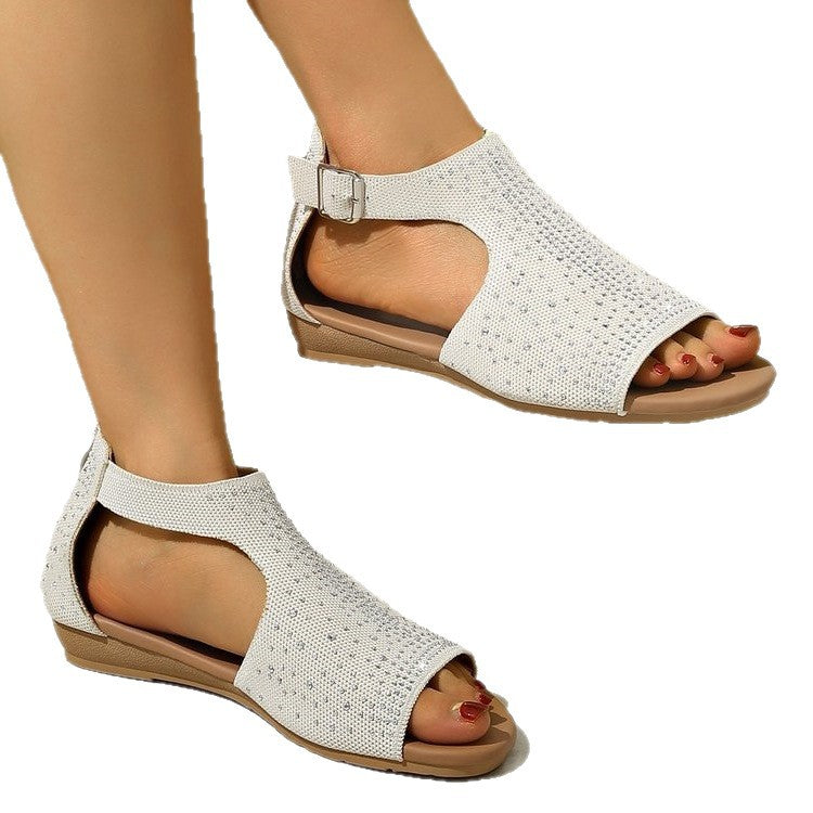 Damen elegante Riemchen-Sandalen mit atmungsaktiver Strickoberfläche EB