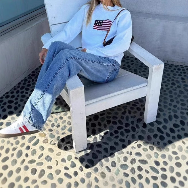 Damen Lässiger Pullover mit kreativem Flaggenmotiv und weichem Strick EB