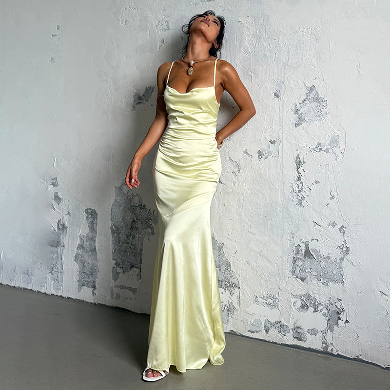 Damen Elegantes Maxikleid aus luxuriösem Satin mit verführerischem V-Ausschnitt EB
