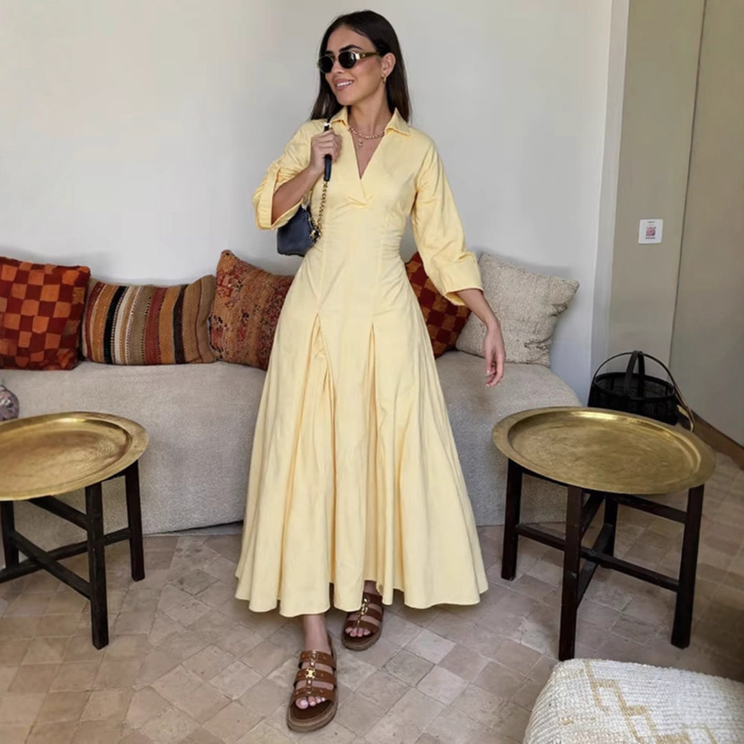 Damen Hemdblusenkleid mit elegantem V-Ausschnitt und weiten Ärmeln EB