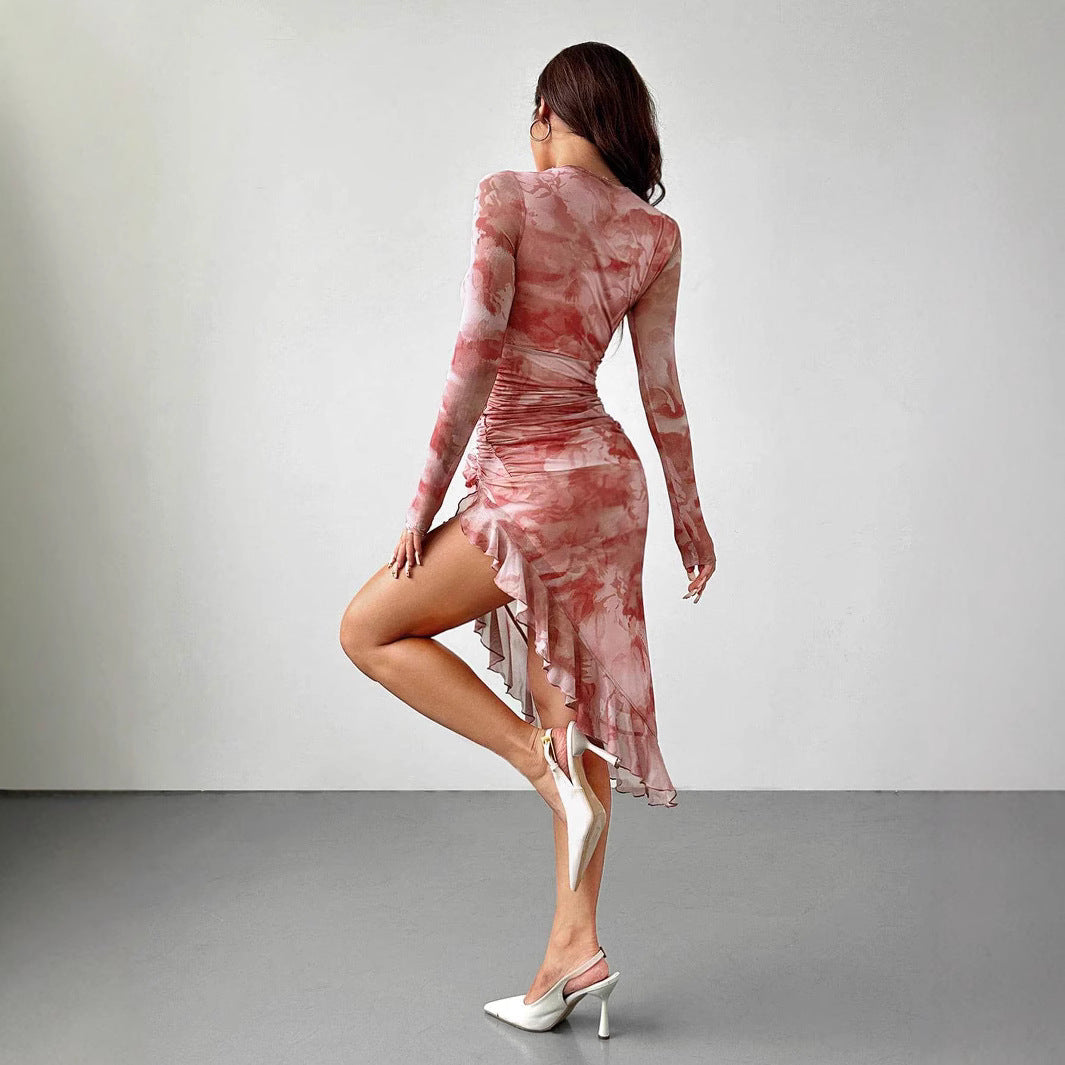 Damen Tailliertes Maxikleid mit asymmetrischem Saum und langen Ärmeln EB