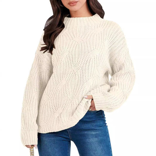 Damen Grobstrickpullover mit extravagantem Wellenmuster und hohem Kragen EB