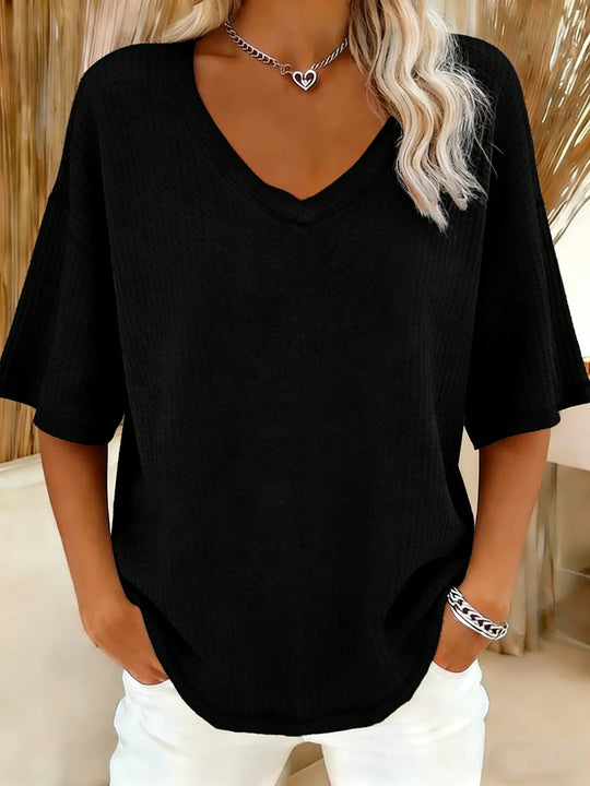 Damen lässiges Oversize-Shirt mit V-Ausschnitt und strukturiertem Muster EB