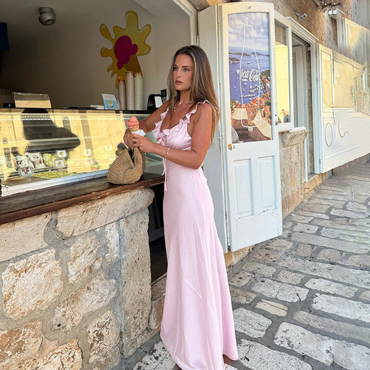 Damen Maxikleid mit Rüschendetails und Kordelzug EB