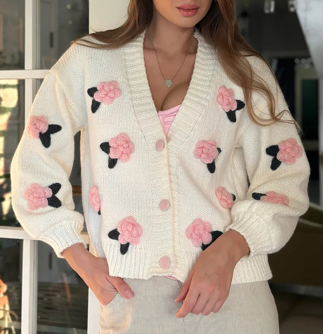 Damen Strickjacke mit floralen Applikationen und voluminösen Ärmeln EB