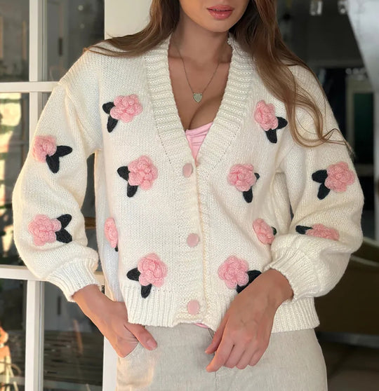 Damen Strickjacke mit floralen Applikationen und voluminösen Ärmeln EB