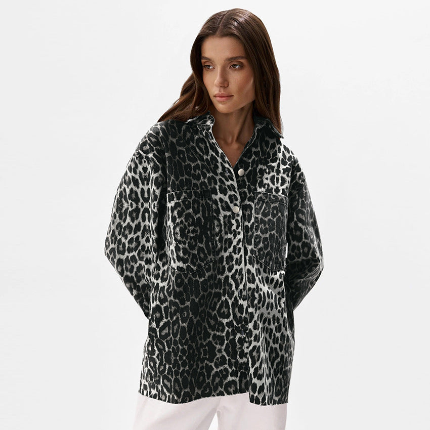 Damen Modische Leoprint Overshirt mit Taschen EB