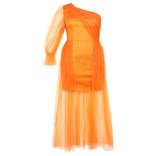 Damen elegantes One-Shoulder Kleid mit transparentem Tüllüberwurf EB