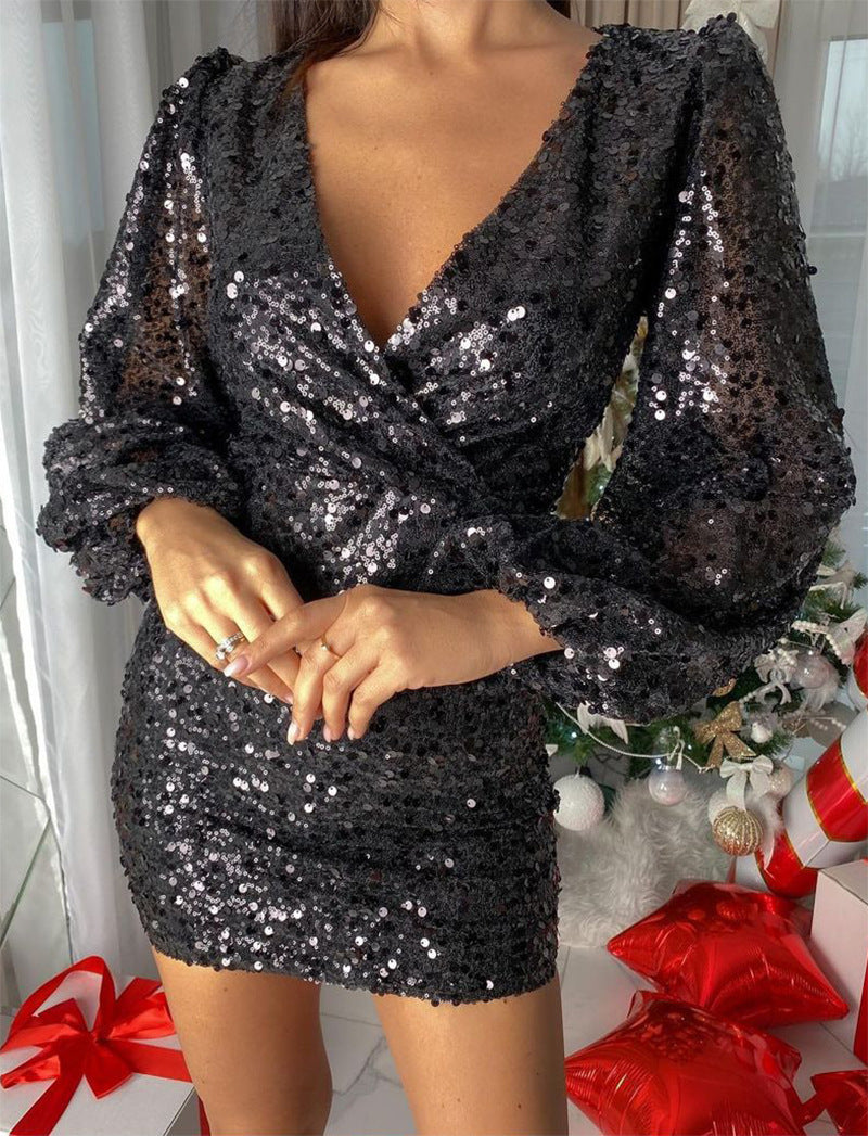 Damen Pailletten Kleid mit V-Ausschnitt und Puffärmeln EB