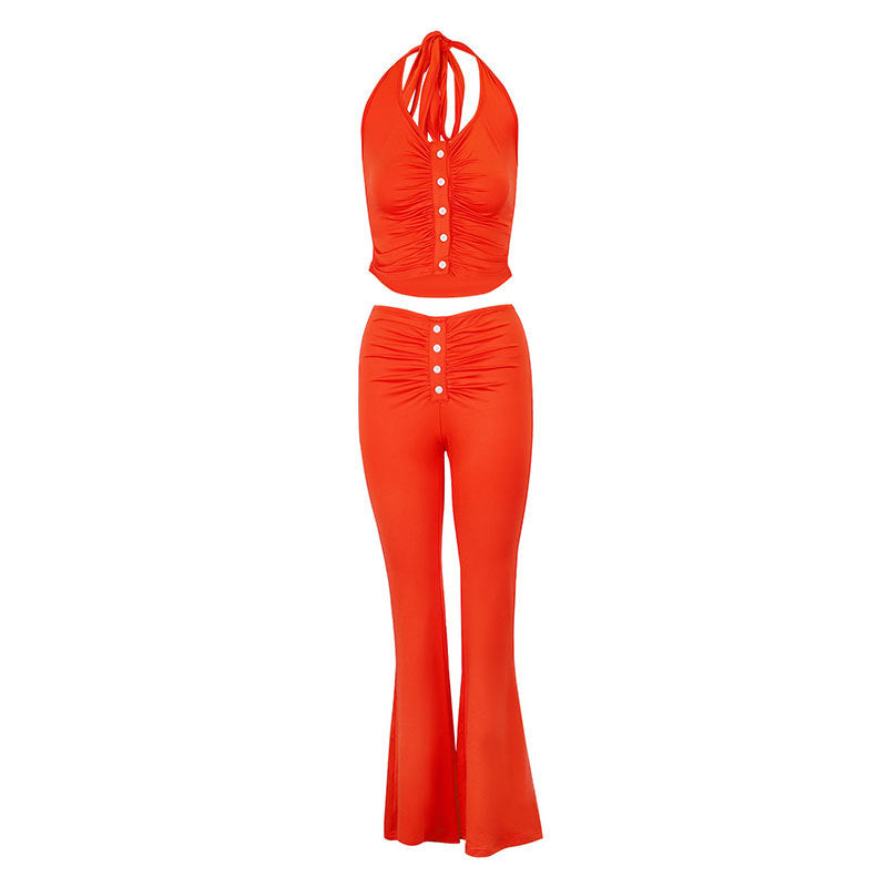 Damen Set aus gekräuseltem Top und flared Hose EB