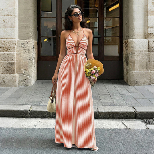 Damen Maxi-Kleid mit tiefem V-Ausschnitt und raffiniertem Streifenmuster EB