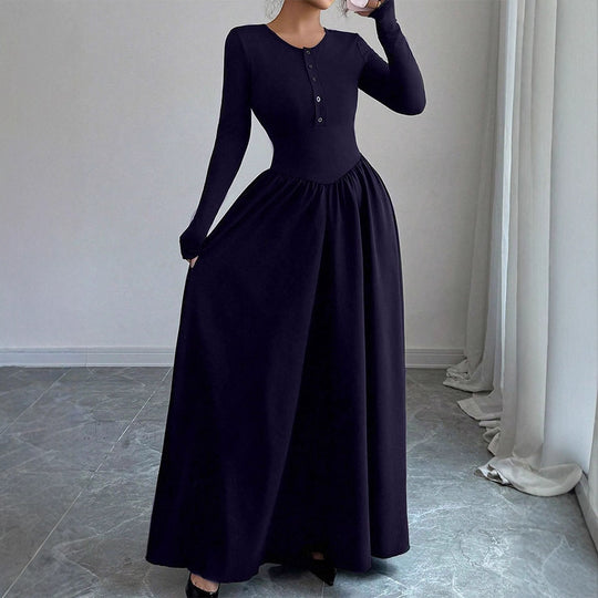 Damen Maxikleid mit eleganten Knopfdetails und fließendem Rockteil EB